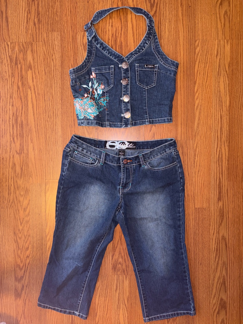 Enyce Y2K Vintage Dark Blue Embroidered Denim Capri and Vest set